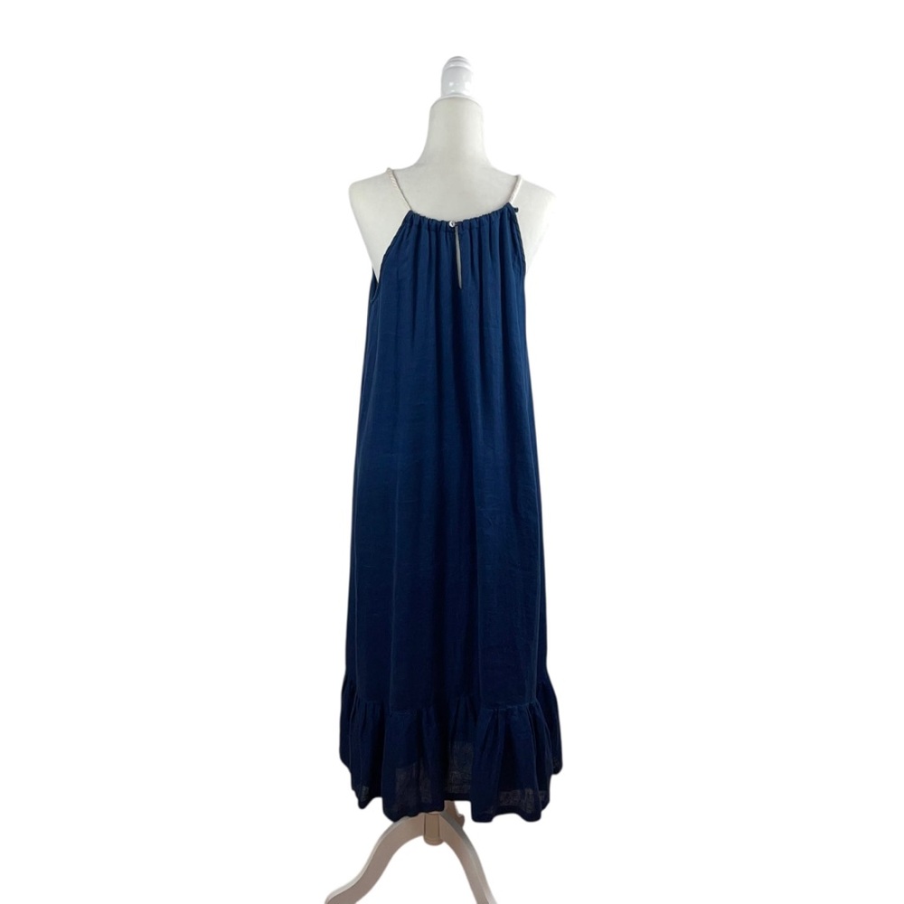 Antibes Blanc Halter Linen Navy Blue with Rope Straps Maxi Dress Sz S - Picture 5 of 8